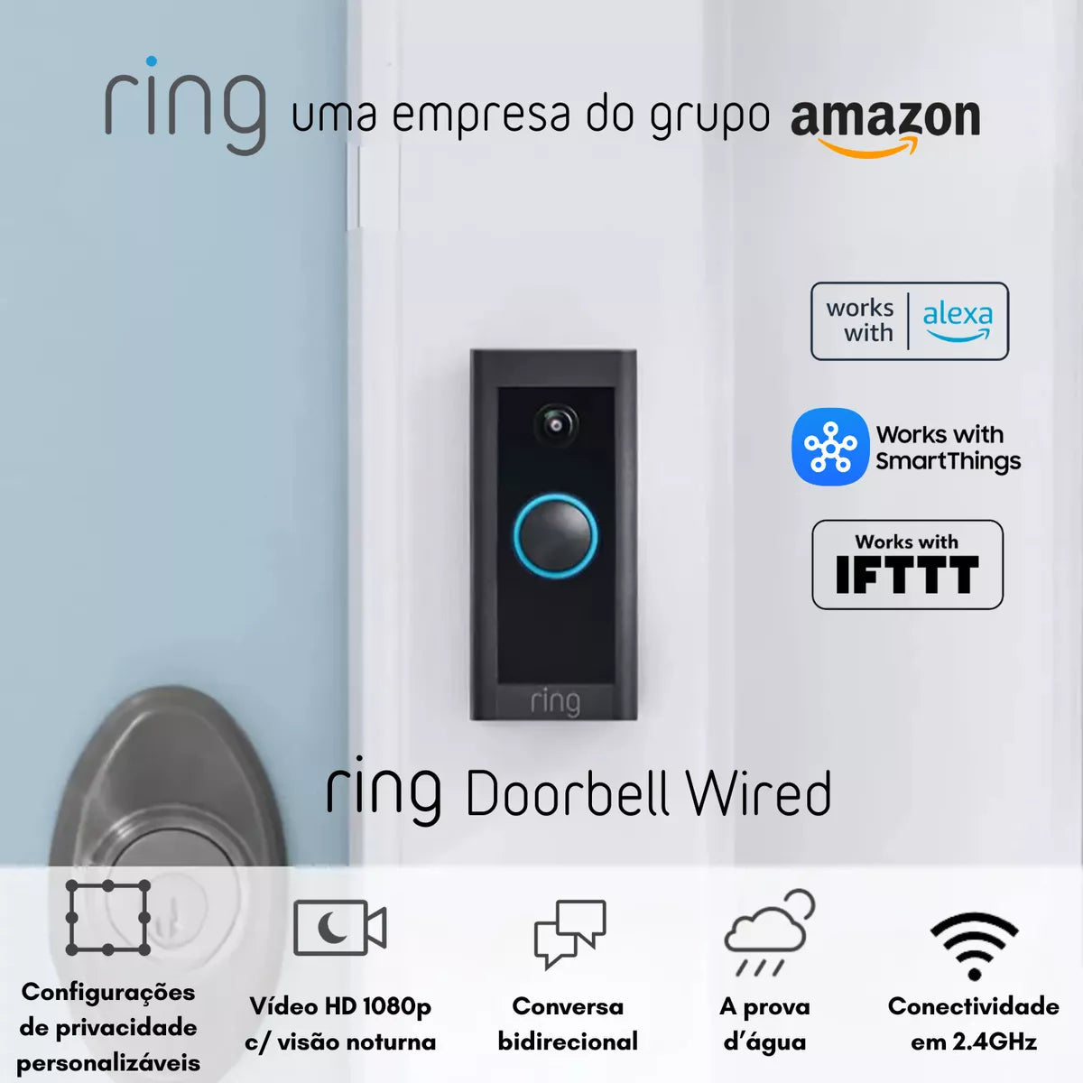 Ring - Vídeo Porteiro Smart Wi-Fi - Com fio - Preto